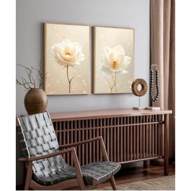 Imagem de Kit 2 Quadros Decorativos Flores branca gold bege sala quarto com moldura (Moldura bege, 60x80, Com Vidro)