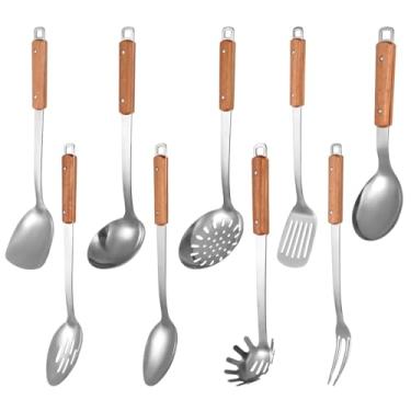 Imagem de Conjunto de 9 utensílios de cozinha de aço inoxidável com cabo de madeira, incluindo espátula, concha e escumadeira, conjunto de utensílios de cozinha de metal de longa duração para cozinhar, servir e