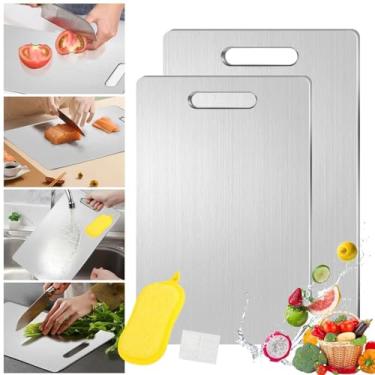 Imagem de Conjunto de 2 tábuas de corte de liga de titânio, placa de corte dupla face de grau alimentício com pés antiderrapantes, pode ser lavada na lava-louças, tábuas de corte de aço inoxidável para carnes