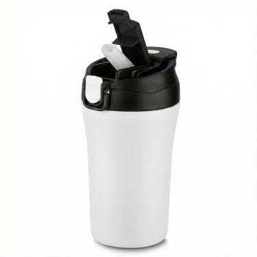 Imagem de Copo Térmico Premium, Inox Branco, 500ml, Tampa Dupla Saída com Canudo e Bico, Base Antiderrapante, Parede Dupla Isolante, 17,5cm x 8cm