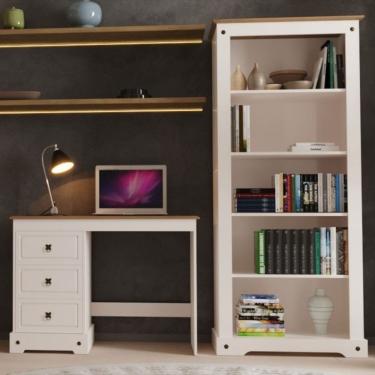 Imagem de Escrivaninha 3 Gavetas Com Tampo Em Madeira Maciça E Estante Alta 182x81cm Smile Creme/carvalho