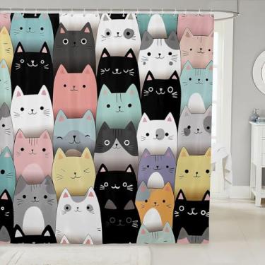 Imagem de jejeloiu Cortinas de banheiro com estampa de gatos de desenho animado para crianças, mulheres, homens, acessórios de banheiro com animais Kawai, tecido de poliéster impermeável para barracas de
