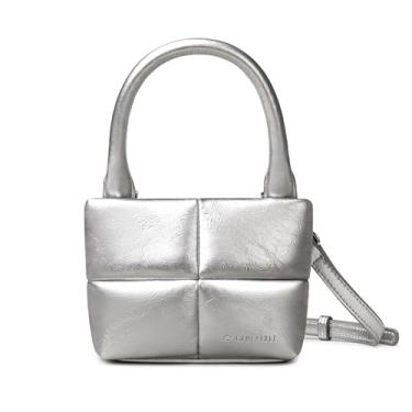 Imagem de Comfyable Bolsa tiracolo acolchoada para mulheres, bolsa tiracolo fofa, bolsa pequena com alça superior, Prata, Mini, Bonito e elegante