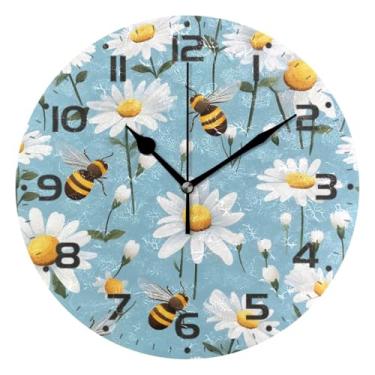 Imagem de JUZIHAI Relógio de parede Daisy Bee, silencioso, sem tique-taque, redondo, operado por bateria, fácil de ler, relógio decorativo de parede para casa, cozinha, sala de estar, quarto, escritório, 25 cm
