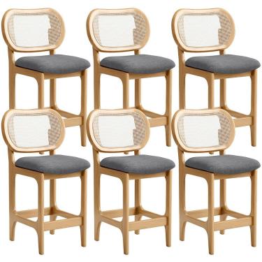 Imagem de Kit 6 Banquetas Baixa Bar Cozinha Sala de Jantar Betta L02 Mel Tela Linho Cinza Escuro - Lyam Decor