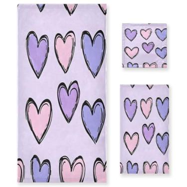 Imagem de Wassud Conjunto de 3 toalhas de banho fofas com padrão de coração, toalhas super macias e absorventes para banheiro, toalhas de banho de secagem rápida, toalha de banho para academia, spa, hotel