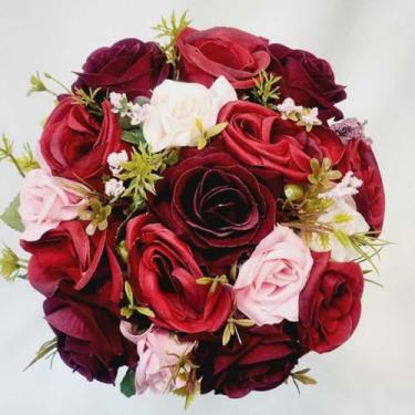 Imagem de Buquê de Noiva Artificial 30cm – Flores de Seda com Pérolas para Casamentos e Damas de Honra(00525/Marsala/Vermelho/Rosa)