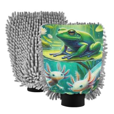 Imagem de ODAWA Pacote com 2 luvas verdes para lavagem de carro sapo Axolotl, espuma de microfibra, canhão, luva para lavagem de carro 20,5 x 30 cm