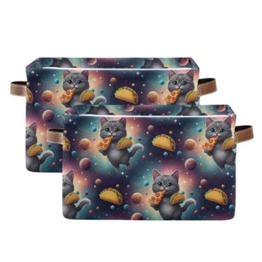 Imagem de Cestas retangulares com alças – Caixa de armazenamento dobrável de tecido de lona de 36 cm x 26 cm para prateleiras, escritório em casa, gato, pizza, taco, 2 unidades