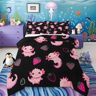 Imagem de Feelyou Conjunto de edredom fofo com desenho animado de salamandra para crianças, meninos, meninas, kawaii, oceano, vida marinha, morango, decoração de quarto, rosa, preto, microfibra, 2 peças com 1