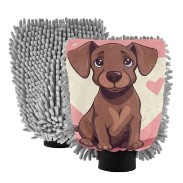 Imagem de ODAWA 2PK Luvas de carro de chenille macias sem riscos para lavar, coração de cachorro marrom, tamanho G 20,5 cm x 30 cm