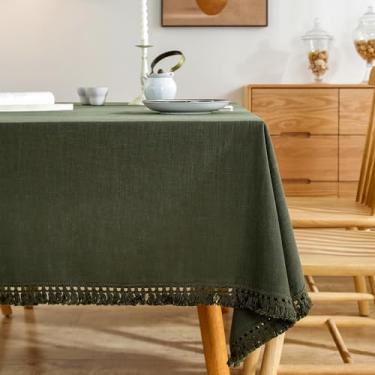 Imagem de AmHoo Toalha de mesa de linho toalha de mesa costura borla retangular decorativa toalha de mesa natural para cozinha jantar casamento buffet 155 x 70 polegadas verde