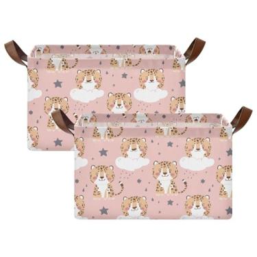 Imagem de Cesta para brinquedos de cachorro com alças, caixa de armazenamento dobrável para organização e armazenamento de quarto, 17 x 29 x 25 cm, nuvens de leopardo, rosa, pacote com 2