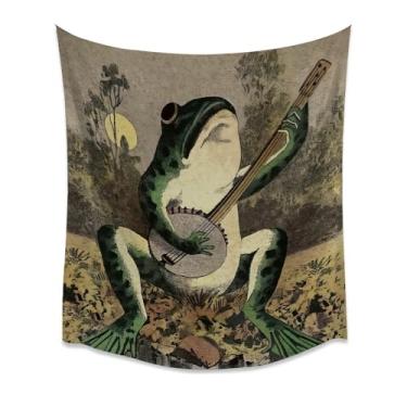 Imagem de Sapo vintage tocando banjo rústico cottagecore tapeçaria parede verde anfíbio arte boho decoração de quarto para quarto dormitório sala de estar estúdio presente branco 70x200 polegadas