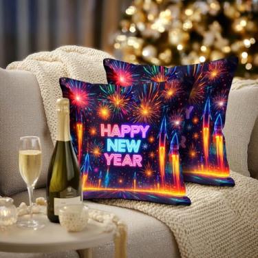 Imagem de HOMETITUTE Conjunto de 2 capas de almofada decorativas de fogos de artifício neon feliz ano novo 45,7 x 45,7 cm para sofá, sofá-cama, decoração de casa de fazenda rústica, sazonal, decoração de casa