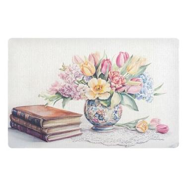 Imagem de Vaso flores livros tapete de porta traseira interior resistente à sujeira tapete de boas-vindas interior, tapetes de entrada para interior de casa 81 cm x 50 cm