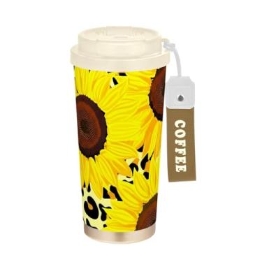 Imagem de TSENQUE Copo de café de viagem de 473 ml com canudo e tampa, revestimento cerâmico, isolamento a vácuo, paredes duplas, girassóis brilhantes, leopardo preto