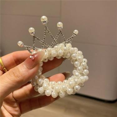 Imagem de Laços de cabelo com contas – elásticos elásticos de coroa de cristal, contas de pérolas brancas, prendedores elásticos de rabo de cavalo e laços de corda de cabelo de princesa para mulheres