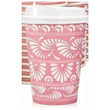 Imagem de Whaline 50 conjuntos de copos de café Cielito Lindo com tampas 350 ml copo de papel mexicano rosa branco floral descartável para levar xícara de café para casamento, chá de panela, festa de