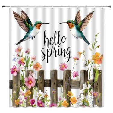 Imagem de WUASDCS Cortina de chuveiro floral beija-flor pássaros e flores coloridas cerca de madeira rústica Hello Spring cenário de jardim decoração de banheiro cortinas de tecido de poliéster com gancho