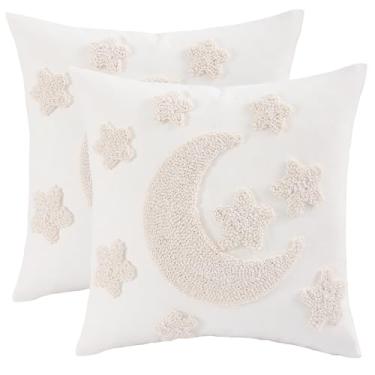 Imagem de Tosleo Capas de almofada Ramadã 45,7 x 45,7 cm Conjunto de 2 capas de almofada bordadas bege tufadas Ramadã Mubarak Decorações de almofada lua e estrela do Ramadã para sofá de casa sofá ao ar livre