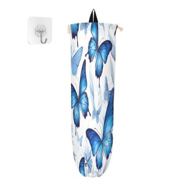 Imagem de Borboletas azuis em branco, pacote com 2 unidades de suporte de sacola de supermercado, suporte de parede, organizador de sacolas plásticas de cozinha