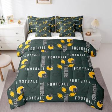 Imagem de jejeloiu Jogo de cama solteiro com edredom de futebol americano, 7 peças, verde e amarelo, respirável, macio, para decoração de quarto esportivo de rúgbi