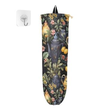 Imagem de Florais pretos com bules de chá, 2 unidades, dispensador de saco de supermercado, suporte de armazenamento de saco de plástico, suporte de saco plástico para armário