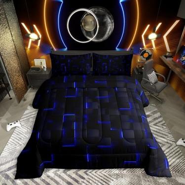 Imagem de Erosebridal Conjunto de edredom solteiro azul royal preto, geométrico 3D, jogo de cama neon gamer para jogos, geometria abstrata, decoração de quarto para crianças, meninos e meninas, 1 fronha