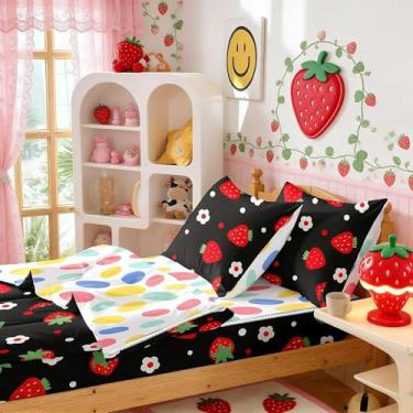 Imagem de Yadangxiawa Jogo de edredom infantil, solteiro com zíper, estampa de morango, com manchas coloridas, lençol com elástico e fronhas para todas as estações (solteiro morango)