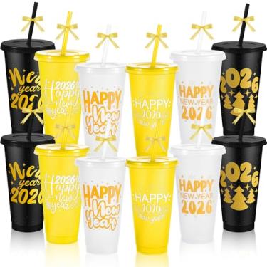 Imagem de Yoiemivy Pacote com 12 copos de feliz ano novo com tampas e canudos 2026 reutilizáveis copos de presente de véspera de ano novo a granel 680 g copos de plástico para lembrancinhas de festa de Nye