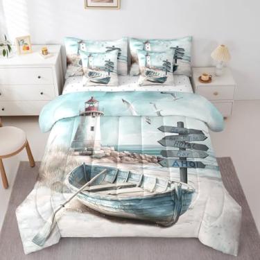 Imagem de Erosebridal Jogo de cama Queen náutico litorâneo e praia, 7 peças, para crianças, meninos, meninas, veleiro, farol, verão, lazer, edredom com lençol de cima