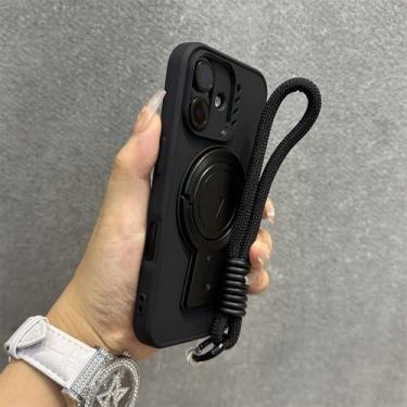 Imagem de Capa protetora magnética dobrável fosca para iPhone 16, 15, 14, 13, 12, 11 Pro Max, alça de pulso com carregamento sem fio, preta, para iPhone 12