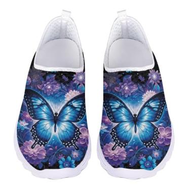 Imagem de QOPECUOY Tênis de caminhada feminino sem cadarço tênis de corrida de malha respirável feminino casual para viagem, tamanho 35-43 EU, Borboleta azul, 38