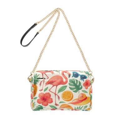 Imagem de Joitme Bolsa transversal feminina bolsa para celular bolsa de ombro de couro PU com alça de corrente flamingos tropicais abacaxis bege