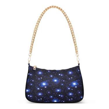 Imagem de Bolsa de ombro azul preta com corrente de nuvens e estrelas, bolsa feminina Hobo, bolsa média moderna para uso diário ou noturno