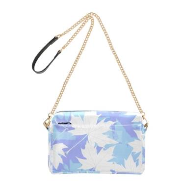 Imagem de Joitme Bolsa tiracolo feminina de couro PU com alça de corrente para celular com folhas de bordo azul pastel branco claro