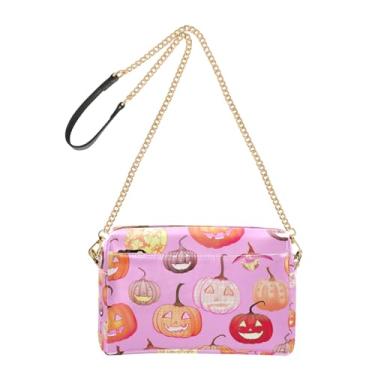 Imagem de Joitme Bolsa feminina transversal para celular colorida abóboras rosa Halloween couro PU bolsa de ombro com alça de corrente