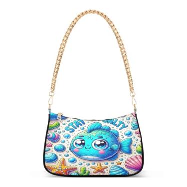 Imagem de Bolsa feminina Hobo com corrente de ombro de peixe azul, bolsa moderna média para uso diário e festa