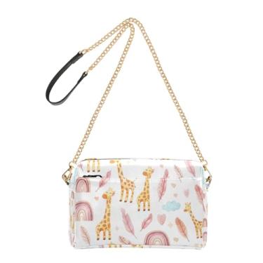 Imagem de Joitme Bolsa tiracolo feminina bolsa para celular linda alça de corrente de couro PU bolsa de ombro fofa desenho animado girafas branca