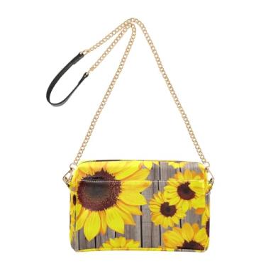 Imagem de Joitme Bolsa tiracolo feminina com listras de girassóis amarelos brilhantes, bolsa de ombro de couro PU, alça de corrente, bolsa para celular