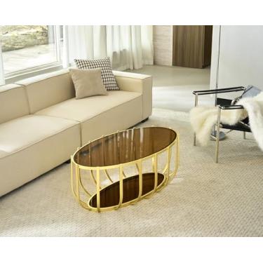 Imagem de Saint Mossi Mesa de centro de vidro Oavl para sala de estar, mesa central de vidro moderna de 2 camadas, tampo de vidro marrom com pernas e moldura de acabamento dourado