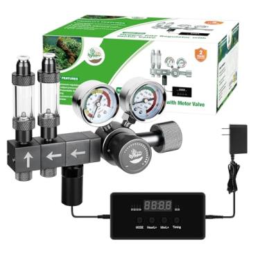 Imagem de Hygger CO2 Regulador de CO2 atualizado para aquário com válvula motorizada, pressão ajustável de dois estágios, expansível para dois tanques, inclui temporizador e contadores de bolhas para sistema de