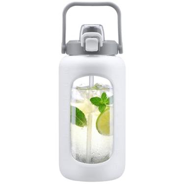 Imagem de Garrafa de água de vidro de 2041 g com canudo e tampa 2 em 1, garrafa de vidro motivacional grande com marcador de capacidade e manga de silicone, jarro de água de 2,1 litro para casa, esportes