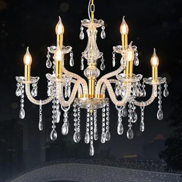 Imagem de YYSHCHEN Lustres de cristal grandes dourados de luxo de 67 cm, lustre grande moderno para teto alto, luminária de teto pendente de vela de cristal para sala de jantar, sala de estar, quarto, hall de