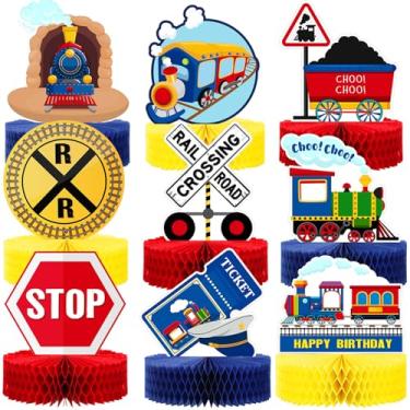 Imagem de 9 peças de centro de mesa com tema de travessia de trem ferroviário, decoração de festa, decoração de mesa de aniversário, placa de cruzamento de ferrovia, enfeite de mesa para festa infantil