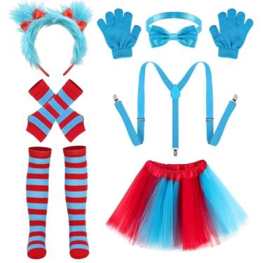 Imagem de Degpum Conjunto de fantasia de tutu de tule, 7 peças, inclui saia tutu de tule, alça de ombro, faixa de cabeça, leggings listradas, luvas longas para aquecer o braço, para festa, cosplay, dia das