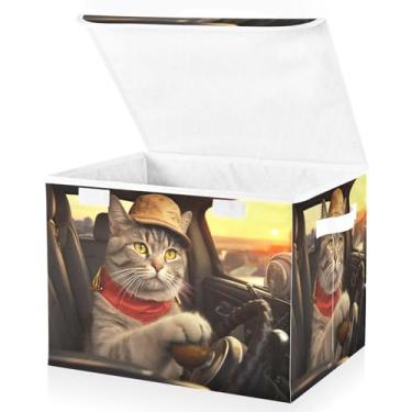Imagem de Blueangle Caixotes de armazenamento de carro para dirigir gatos com tampas, 42 x 32 x 30 cm, grande cesta organizadora dobrável para decoração de escritório e armário (64)