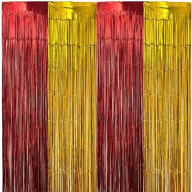 Imagem de Parxara Cortinas de franja de alumínio extra largas ouro vermelho 4 m para fotos de grupo fundo de festa de aniversário, decorações de porta de festa de caminhão de bombeiros, serpentinas metálicas