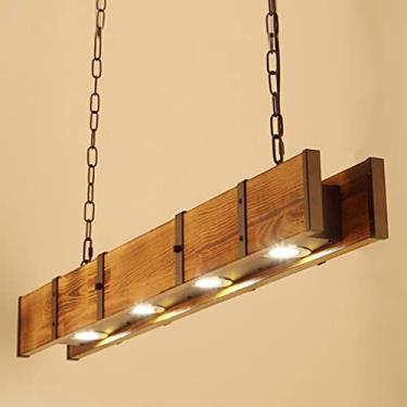 Imagem de Luminária pendente rústica de madeira com LED, ideal para mesa de jantar, estilo retrô, com altura ajustável. Lustre industrial vintage para escritório, café, bar ou loft.